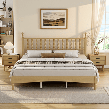 Homy Casa California Vintage Wood Platform Bed King Size Natural Finish with Gourd Shaped Headboard