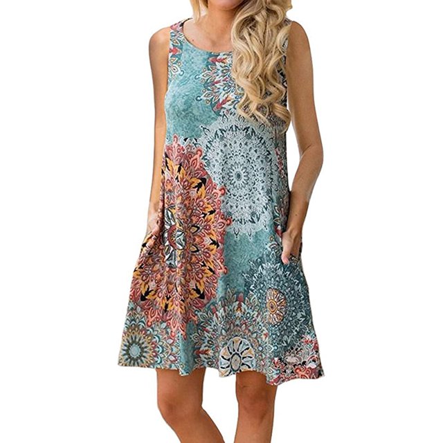 CPOKRTWSO Robe Midi Décontractée d'Été Sans Manches à Poches Imprimée Florale pour Femmes