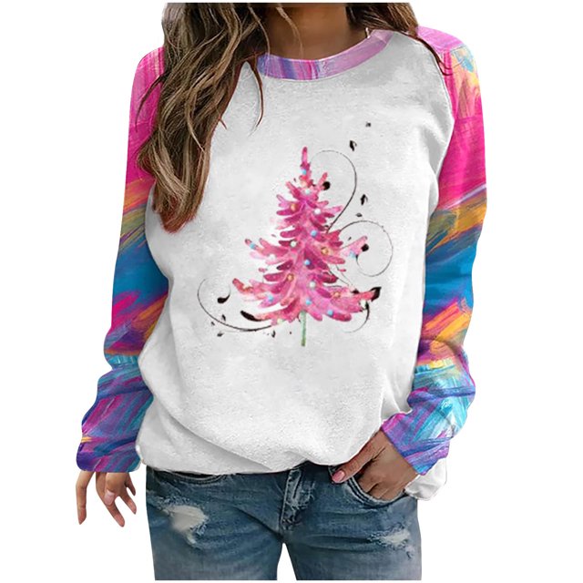 EQWLJWE Sweat-Shirts de Noël Rose for Women Manches Longues Sweat-Shirt Col Rond Pull-Over Léopard Cravate Teint Raglan Manches Top Sweat-Shirts Arbre de Noël for Women Tailles Plus