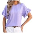 thumbnail image 1 of AherBiu Hauts d'Été pour Femmes à Volants Manches Courtes Côtelé Décontracté Ample Col Ras du Cou Chemises Blouse, 1 of 4