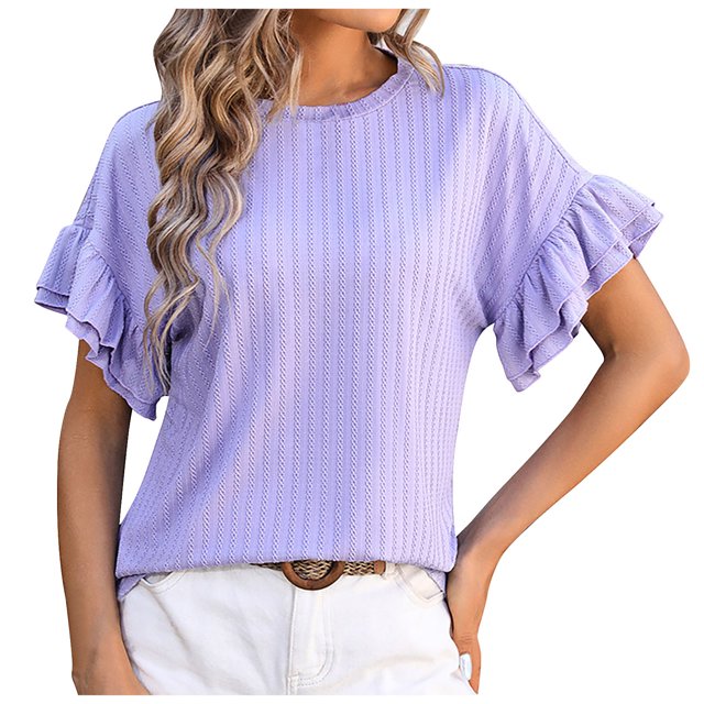 AherBiu Hauts d'Été pour Femmes à Volants Manches Courtes Côtelé Décontracté Ample Col Ras du Cou Chemises Blouse