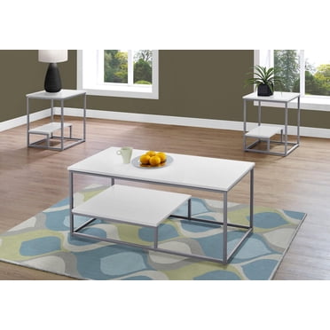 Monarch Specialties Ensemble De Table, Ensemble 3pcs, Café, Bout, Côté, Accent, Salon, Métal, Stratifié, Blanc, Gris, Contemporain, Moderne
