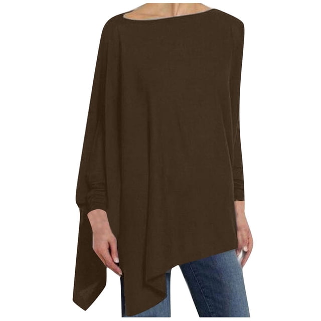 IROINID Reduced Womens Plus Size Tops Lounge Plus Size Round Neck Solid Long Sleeve Irregular Sweatshirt Loose Print Pullover Tops Blouse,Coffee