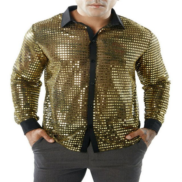 Chemise à Sequins Printemps Automne pour Hommes Manches Longues Col Rabattu Chemise à Pois