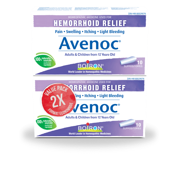 Boiron Avénoc-médicament Homéopathique pour le Soulagement des Symptômes des Hémorroïdes (Douleur, Enflure, Démangeaisons et Léger Saignement), 2X10 Suppositoires