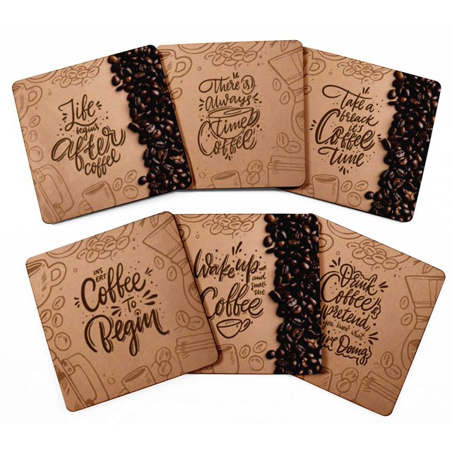 Inkdotpot Set of 6 Drink Coasters DecorativeNon,SlipCork Base4-inch Square PrintedCoastersEasy Clean- Quotes