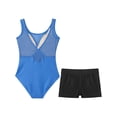 thumbnail image 4 of Moggemol Kids Girls Sheer Mesh Patchwork V-Back Dance Unitards Solid Color Sleeveless Bodysuit with Botty Shorts Set Blue 12, 4 of 7
