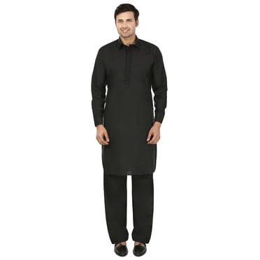 Maple Clothing Ensemble Kurta Pathani Salwar pour Homme Tenue de Fête Vêtements Indiens (Noir, P)