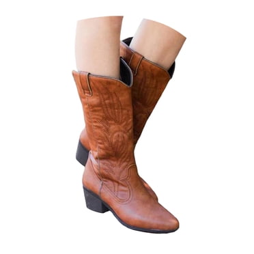 Mepaouo Cowboy Boots for Women Embroidered Cowgirl Boot Western Mid Calf Chunky Heel Pull on Shoes
