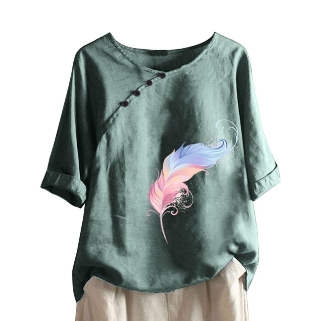 CHUANK Hauts pour Femmes en Liquidation à Moins de 10 $ Hauts pour Femmes Décontractés Printemps Été Manches Longues en Coton et Lin Imprimé Graphique Pissenlit Col Ras du Cou Blouses Vintage Hauts Grande Taille
