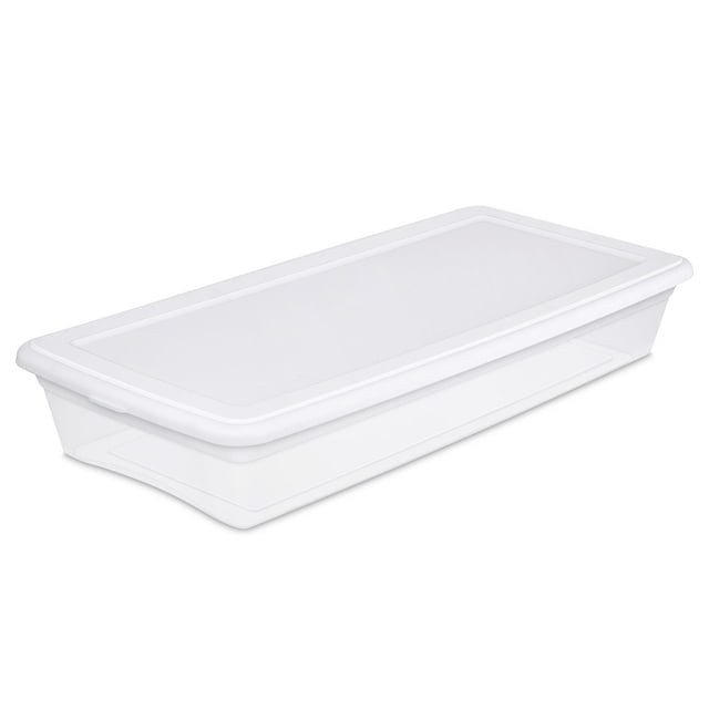 Sterilite 39 Liter Underbed White Storage Box with clear base for easy content viewing and opaque white snap-on lid with recessed edges for secure stacking, suitable for organizing household items under beds or in closets.
