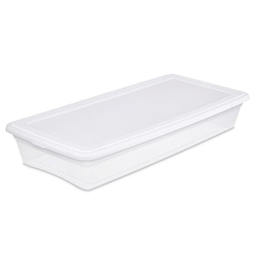 Sterilite 39 L Storage Box, Clear Plastic Storage Bin with Snap-on Lid, White