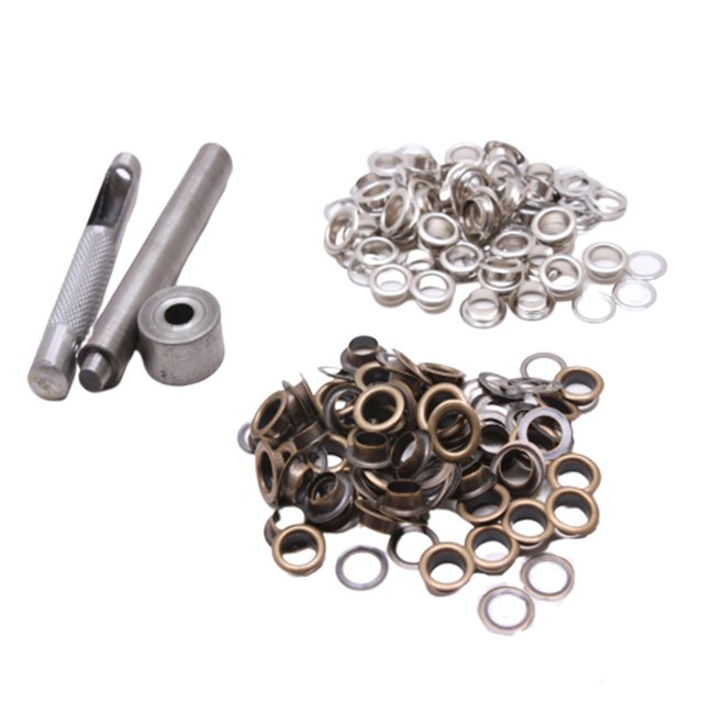 KAKOWELY eyelet button 100 Set Grommets Kit Sturdy Brass Eyelets Button Kit with Tools Multipurpose Eyelets Button Set for Shoes Clothes Crafts Use (Antique Brass+Silver)Inner Diameter 4MM