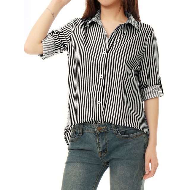 INSPIRE CHIC Chemises pour Femmes à Boutons, Manches Longues Retroussables, Col à Revers, TP, Noir