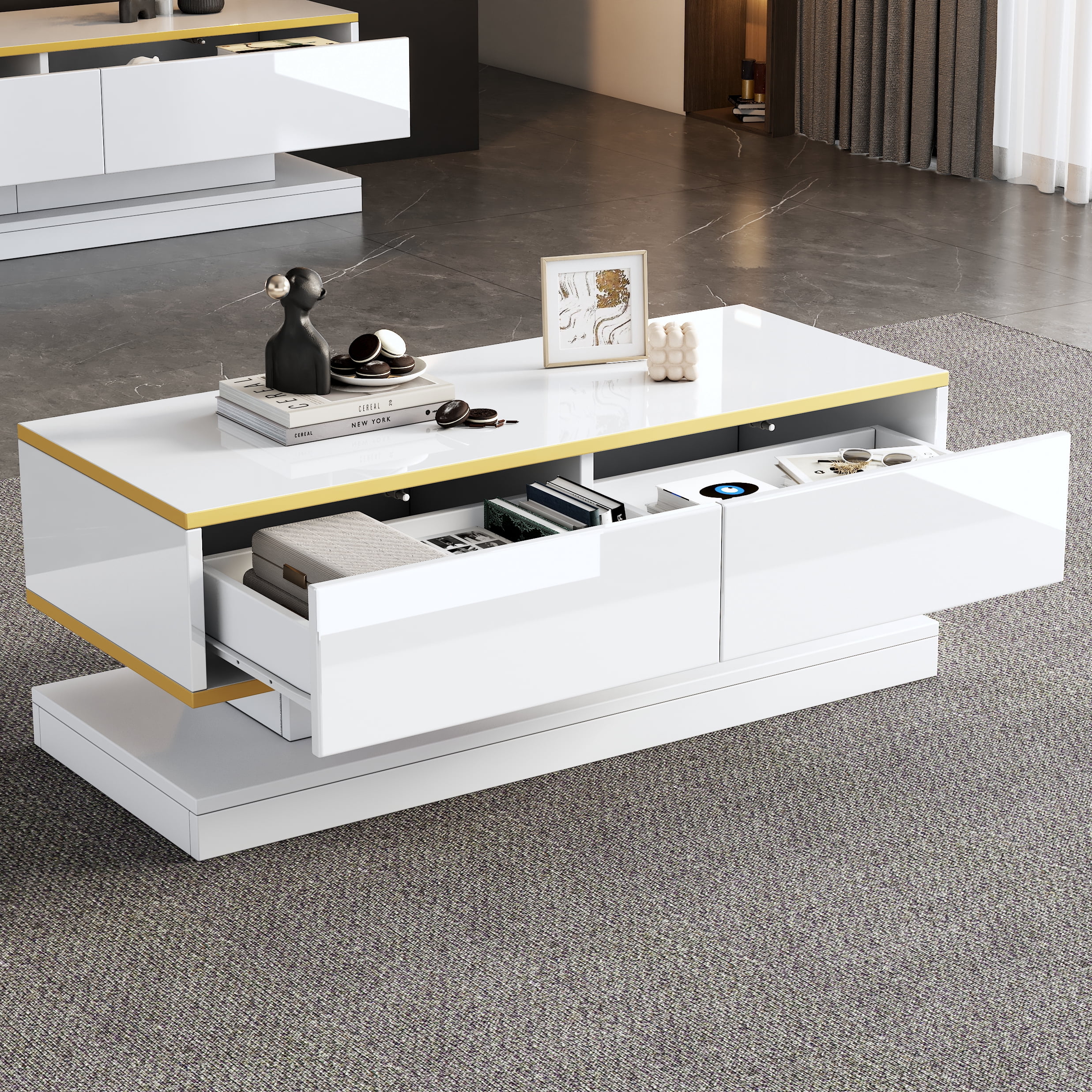 Table basse Noble House 100 cm, fini lustré, bordure dorée, 2 tiroirs, blanche