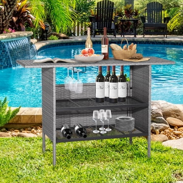 Costway Patio Rattan Wicker Bar Height Counter Table Storage Shelf Rail Garden