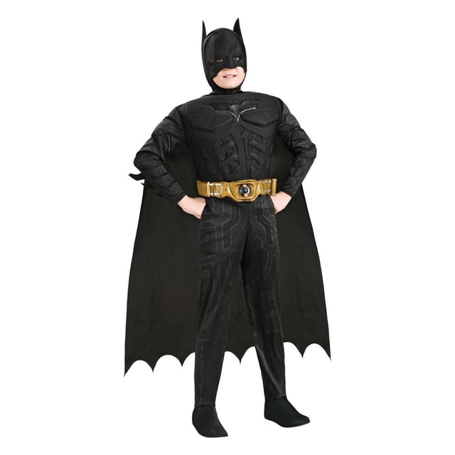 Dark Knight Rises Batman Toddler Deluxe Costume with a black padded jumpsuit featuring printed armor details and Batman logo on the chest, gold molded utility belt, long black cape with scalloped edges, and black Batman mask, shown in a front pose with hands on hips, ideal for superhero role play.