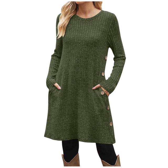 SHTXOZHI Robe Chandail en Tricot à Manches Longues et Col Ras du Cou Décontractée d'Automne et d'Hiver pour Femmes avec Poches