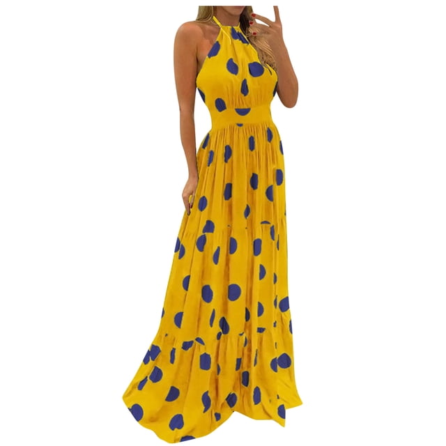 Leutsin Robe Maxi Grande Taille pour Femmes à Imprimé Tropical, Dos Nu à Col Licou, Aguichant, Sans Manches, de Plage, Grande Taille