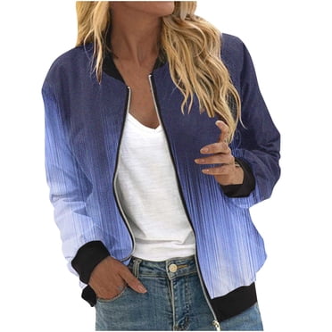 vdgthytj Bomber Jacket for Women Fall Full Zipper Long Sleeve Thin Coat Fashion Gradient Color Casual Outwear