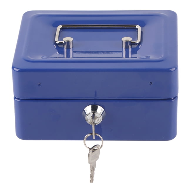 Cash Box, Safe Box with Key Security Lock Box Lock Case in blue steel material, featuring a compact 15x12x8cm design with a handle for portability. Includes two keys and a secure lock mechanism, ideal for cash handling in home, office, school, or market stall settings.