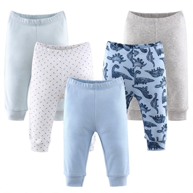 The Peanutshell Pantalon pour Bébé Garçon, Lot de 5, Dinosaures Bleus, Ensemble à Enfiler 100 % Coton avec Ceinture Élastique Douce - une Paire de Dinosaures, une Paire à Pois et Trois Paires Unies Bleu/gris; Tailles Nouveau-Né–24 Mois; Lavable à la machine.