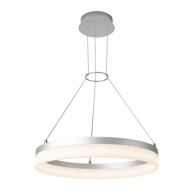 Artika Optical LED Pendant, Silver, a minimalist circular ceiling light with a silver metal frame and integrated LED providing 2000 lumens of adjustable white light, suspended by four thin cables from a round ceiling mount, ideal for modern pendant lighting and ambient home décor.