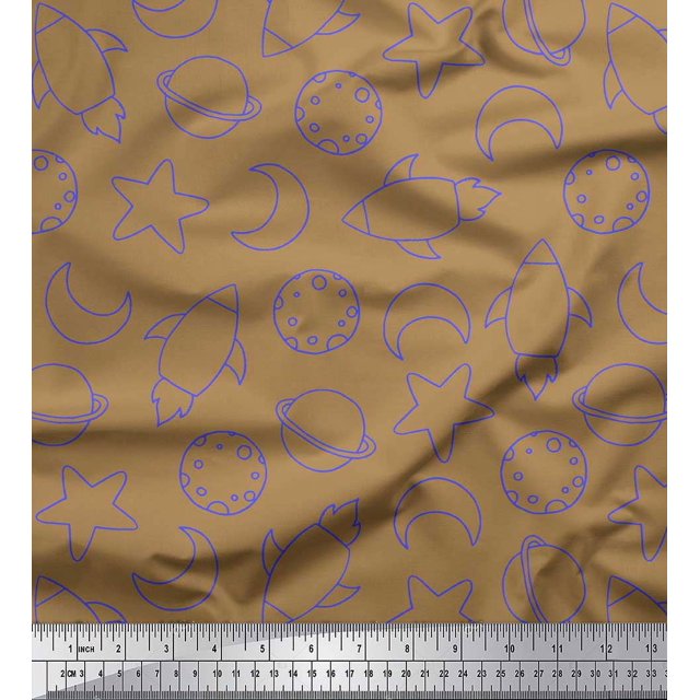 Soimoi Brown Poly Georgette Fabric Planet & Stars Galaxy Decor Fabric Printed Yard 52 Inch Wide