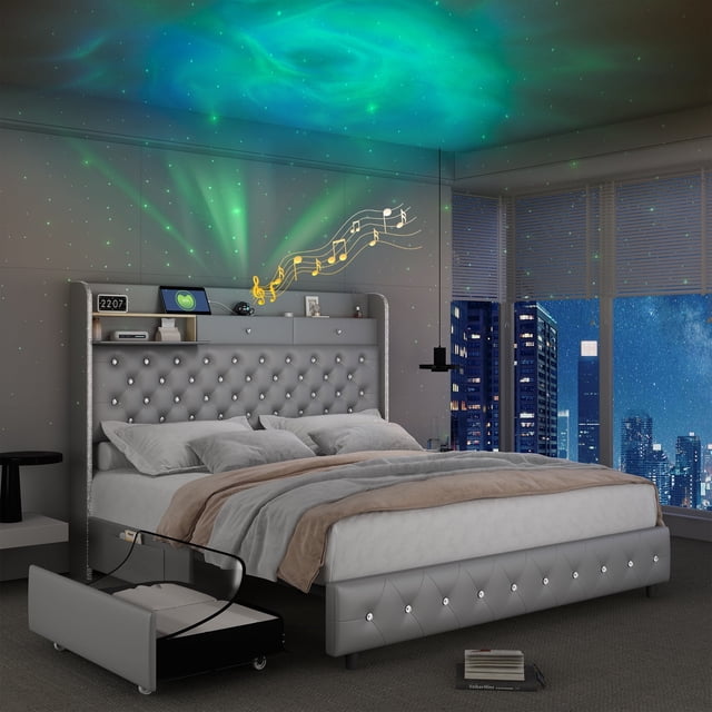 SIBEDS Full LED Bed Frame with Galaxy Projector, Charging Station, 52-inch upholstered grey PU headboard featuring crystal accents and hidden storage compartments. Includes two drawers for customizable storage, vibrant LED lights, and a Bluetooth speaker for ambiance. Ideal for bedroom furniture setups, this platform bed eliminates the need for a box spring.