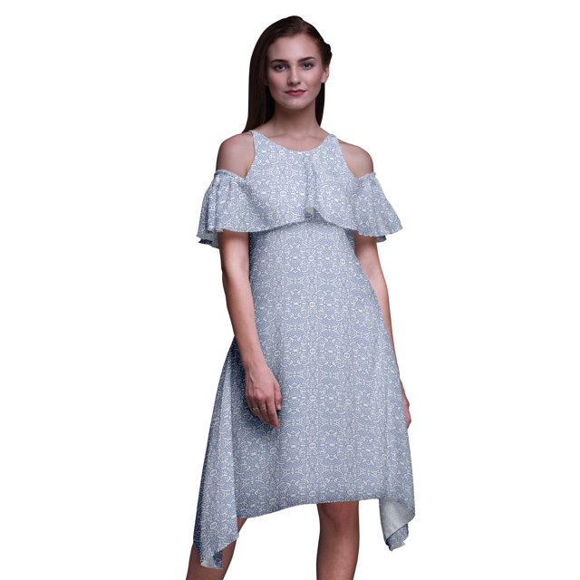 Bimba Block Print Cold Shoulder Women Swing Tunic Flutter Sleeve Midi Dress-Small