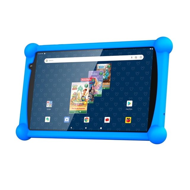 Disney Smartab 8" HD Android Tablet Bundle with Headphones and Bumper Case shown in a front angled view with a blue child-proof bumper case featuring rounded corners. The 8-inch IPS screen displays a Disney-themed Android 12 Go OS home screen with preloaded Disney storybooks and apps including Google Play Store and YouTube Kids. The tablet has a front camera notch and black bezels, designed for safe, monitored use with parental controls.