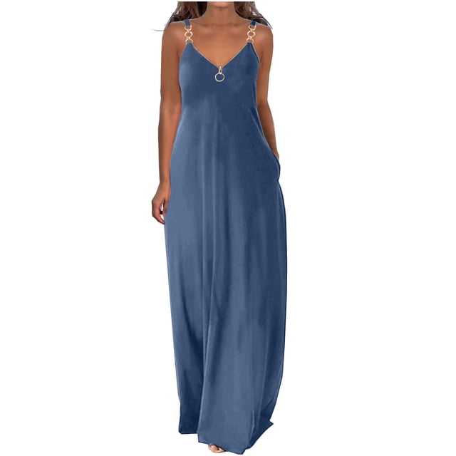 Pompotops Robes d'Été pour Femmes Décontractées Boho Couleur Unie à Bretelles Anneau Plage Longue Robe Maxi avec Poches