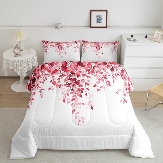 Erosebridal Ensemble de Couette Simple à Feuilles Roses, Couette en Duvet à Motif d'Eucalyptus, Ados Adultes, Réversible 2 Pcs