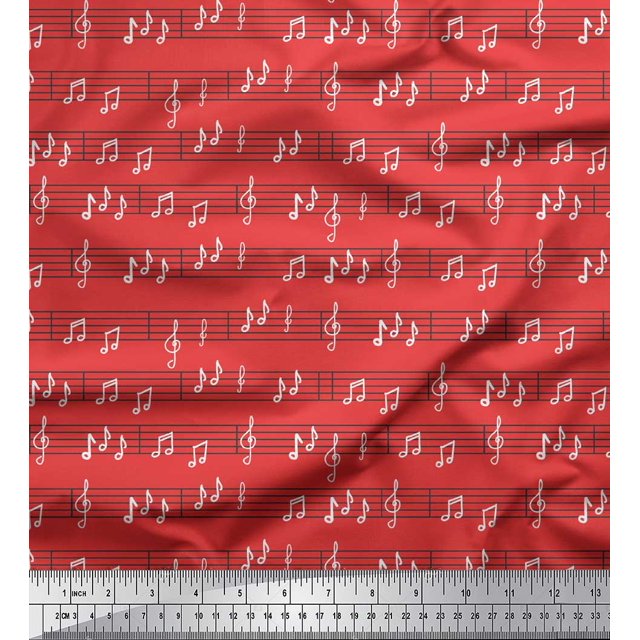 Soimoi Orange Japan Crepe Satin Fabric Notes Musical Instrument Printed Fabric 1 Yard 42 Inch Wide