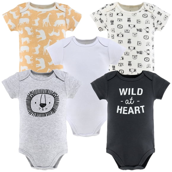 The Peanutshell Baby Boy or Baby Girl Short Sleeve Bodysuits, 5 Pack, Safari Animals