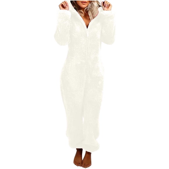 PEZHADA Fall Savings Fleece Pajamas for Women Winter Warm Romper Non-footed Onesie Loungewear Pajama White