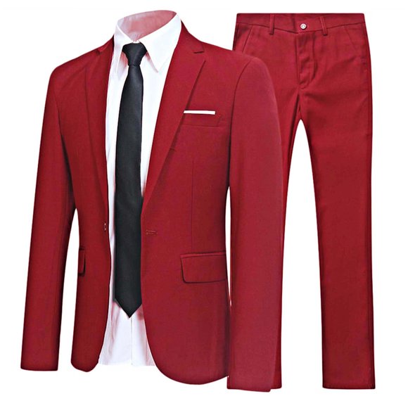 Jelory Mens 2 Piece Suit Formal Business Slim Fit Suits One Button Solid Blazer Jacket with Trousers Burgundy XXL