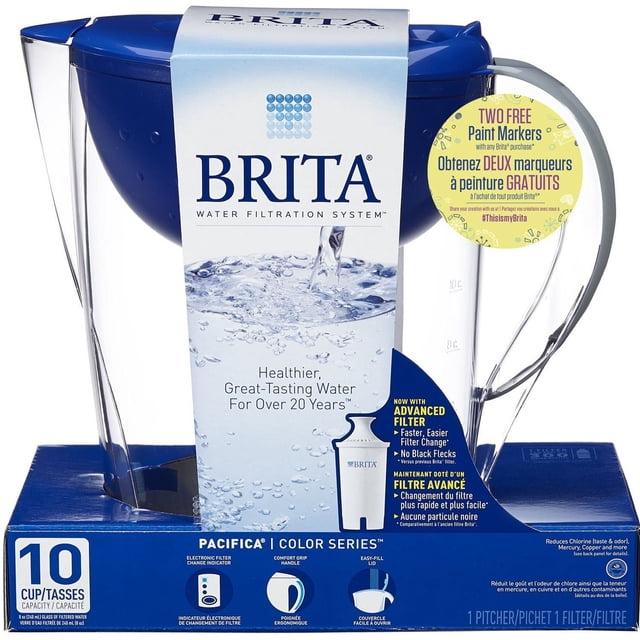 Brita Pacifica Water Filtration Pitcher with Paint Markers Blue, 10-cup capacity clear pitcher with blue lid, ergonomic handle, electronic filter change indicator, and easy-fill spout, reduces chlorine taste, odor, mercury, and copper in tap water, includes two free oil-based paint markers for customization.