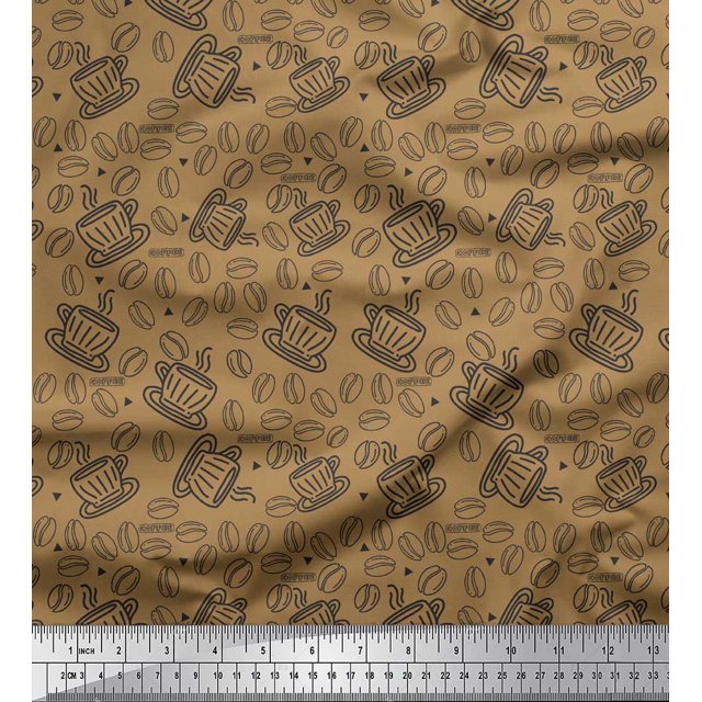 Soimoi Brown Poly Georgette Fabric Coffee Food Printed Fabric 1 Yard 42 Inch Wide