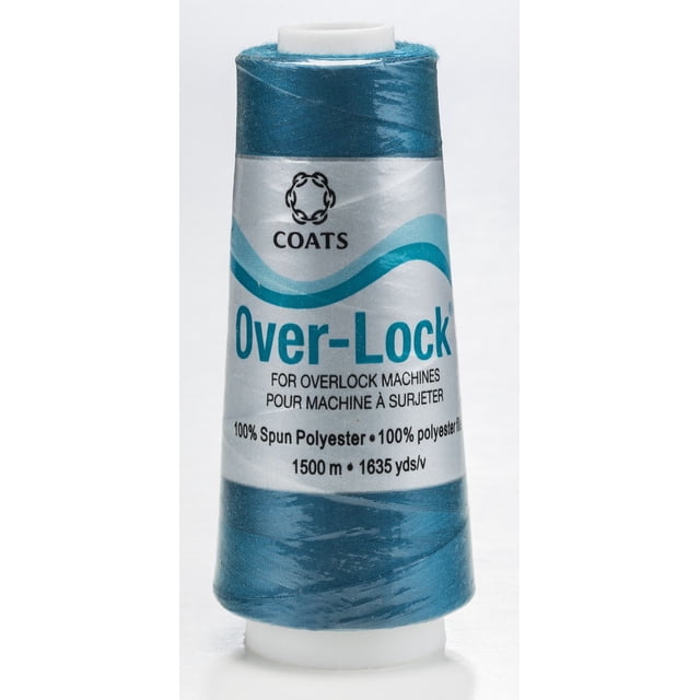 Coats Over-Lock Polyester Thread spool in teal blue, 100% spun polyester, 1500 meters (1635 yards), designed for high-speed overlock sewing machines, with a silver label featuring blue wave design and black Coats logo.