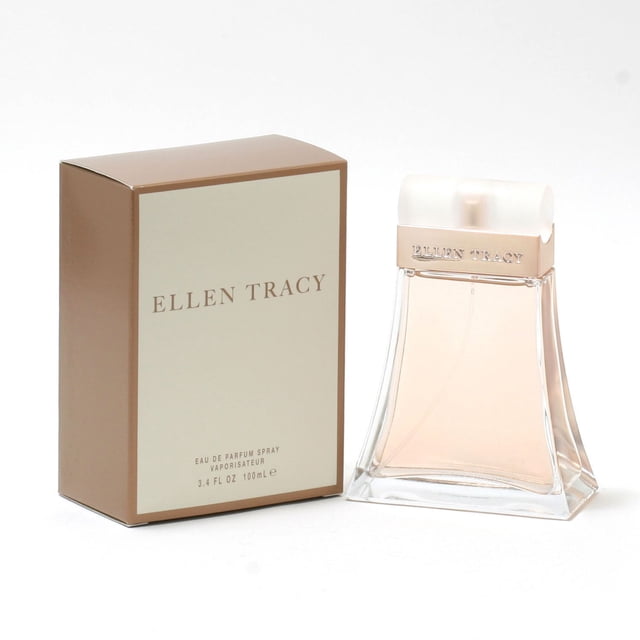 ELLEN TRACY Classic pour Femmes - Vaporisateur Edp 100 ml avec une Bouteille en Verre Transparent Trapézoïdale Contenant du parfum Rose Pâle et un Bouchon Blanc Givré Embossé avec ELLEN TRACY, à Côté d'Une Boîte Rectangulaire beige et Brune Étiquetée ELLEN TRACY, un Vaporisateur d'Eau de parfum Féminin pour Femmes.