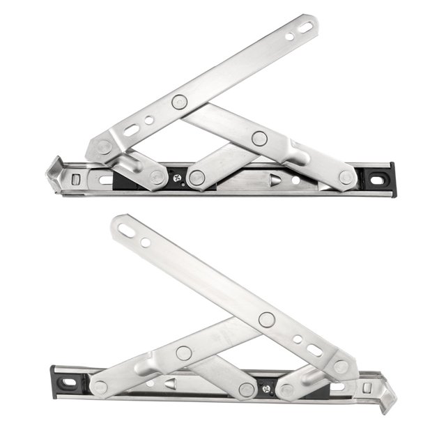 Unique Bargains 8-Inch Hanging/Casement Window Hinge made of 202 stainless steel, shown in a silver tone finish. The image displays two hinges with a folded total dimension of 215mm x 22mm (8.46'' x 0.87'') and a thickness of 2.5mm (0.1''). Designed for hanging and casement windows, the hinges feature high-strength engineering plastics combined with stainless steel for durability and reduced wear. Package includes two window friction hinges.
