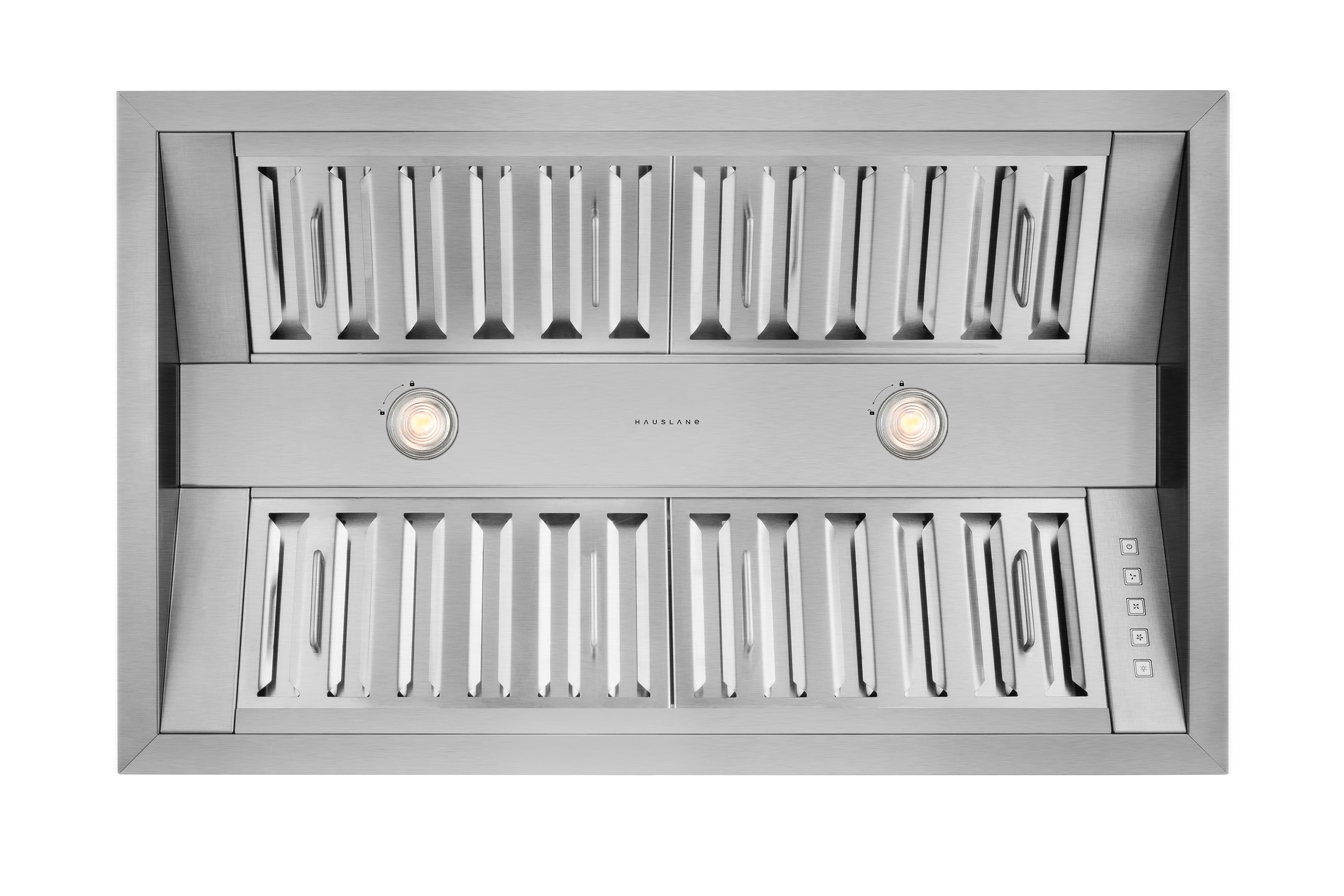 Hauslane | Pro-Style 34” IN-R300 Built-In Range Hood, 21” Deep | Low Noise Performance | Contemporary Design, Full-Size Handles, Professional-Grade Baffle Filters, LED Lamps, Stainless Steel