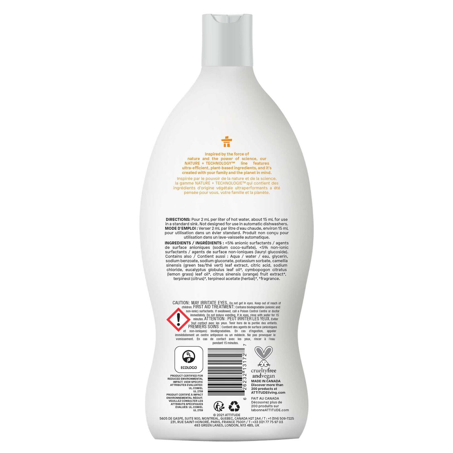 ATTITUDE nature+ technology, Liquide Vaisselle, Zeste d'Agrumes, 700 mL