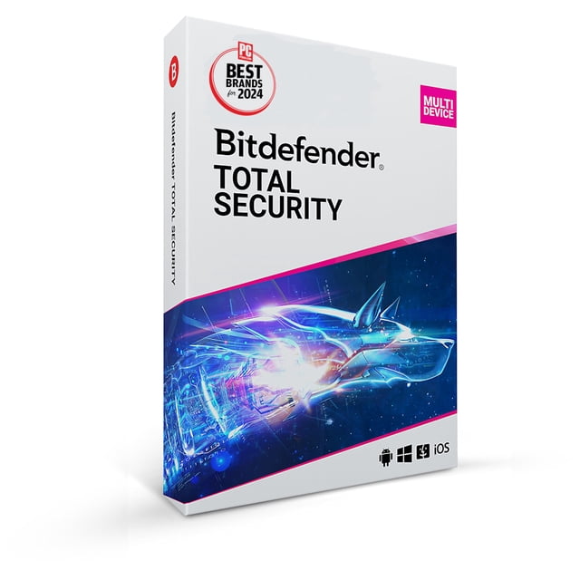 Bitdefender Total Security 2024 antivirus and internet security suite packaging for 5 devices with a 1-year subscription. The box features a futuristic design with a glowing blue digital wolf graphic, emphasizing advanced protection. Compatible with Windows, macOS, iOS, and Android, it offers features like malware and ransomware defense, network-based protection, parental controls, and automatic updates. Includes activation code by mail.