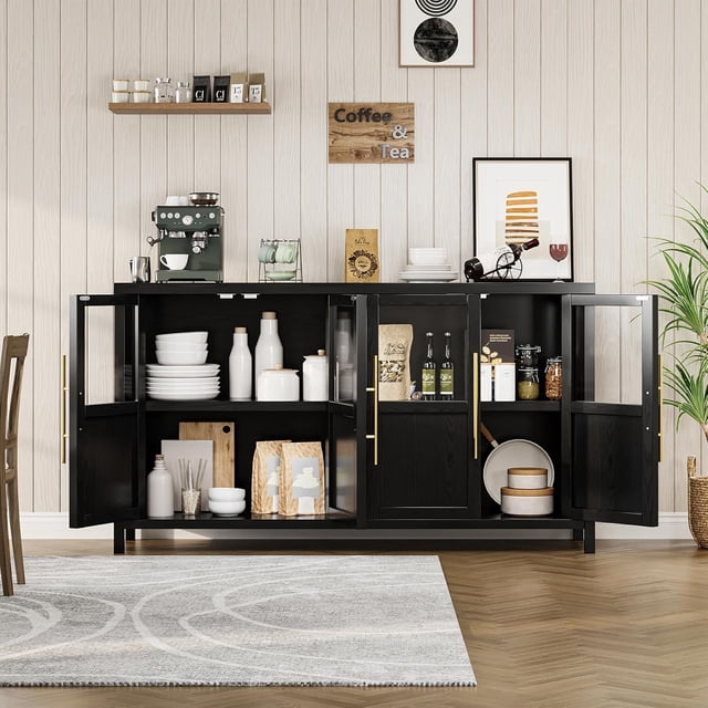Jotoa 55" Farmhouse Sideboard Buffet with Glass Doors with Storage for Kitchen, Dining & Living Room