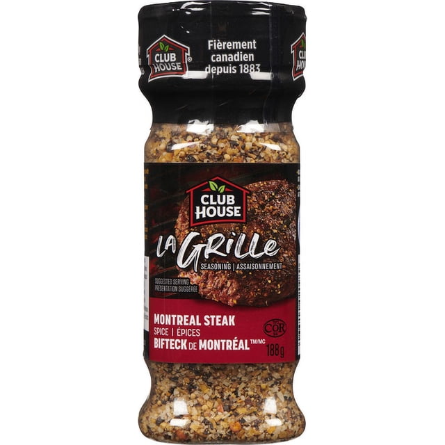 Club House La Grille Montreal Steak Seasoning, 188 g, clear plastic bottle with black cap showing coarse blend of garlic, black pepper, cayenne, and paprika spices, labelled with red and black design featuring grilled steak and bilingual text, suitable for seasoning steak, burgers, pork, and vegetables.