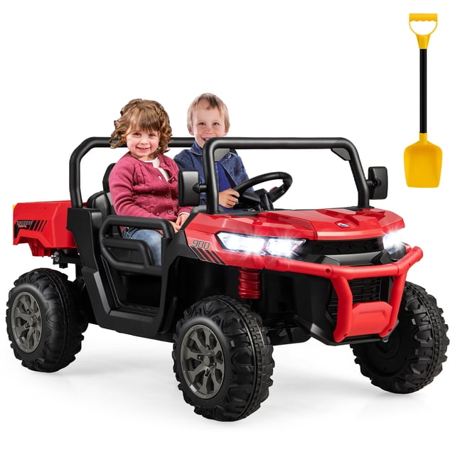Gymax Camion-Benne pour Enfants 24V Ride On 2 Places en Rouge, Doté d'Un design Spacieux à Deux Places avec une Télécommande pour Guidage parental. le Camion Comprend une Benne à Levage Automatique, une Pelle Jaune et des Phares DEL Réalistes. Il Est Équipé de Roues Antichoc, d'Une Fonction de Démarrage Lent et d'Une Ceinture de Sécurité pour une Stabilité et une Sécurité Accrues. le Camion Offre Aussi une Lecture de Musique avec une Connexion Sans Fil et un mode à Bascule pour Plus de Plaisir. Convient aux Enfants de 3 à