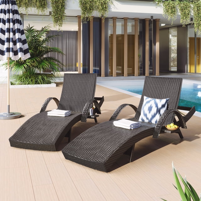 MODERNLUXE 80" Wicker Outdoor Chaise Lounge Chair Set of 2, Patio Rattan Reclining Chair with 4-Position Adjustable Back & Pull-out Side Table,Pool Lounge Chairs for Garden Beach Patio Poolside & Deck
