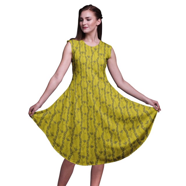 Bimba Robe Midi Évasée d'Été Sans Manches à Imprimé Floral Décontractée pour Femmes à Feuilles au Pochoir Jaunes - Très Petit